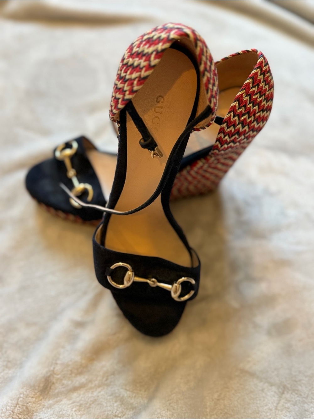 Gucci Carolina Horsebit Raffia Wedge Sandals size 38EU/ 7 US